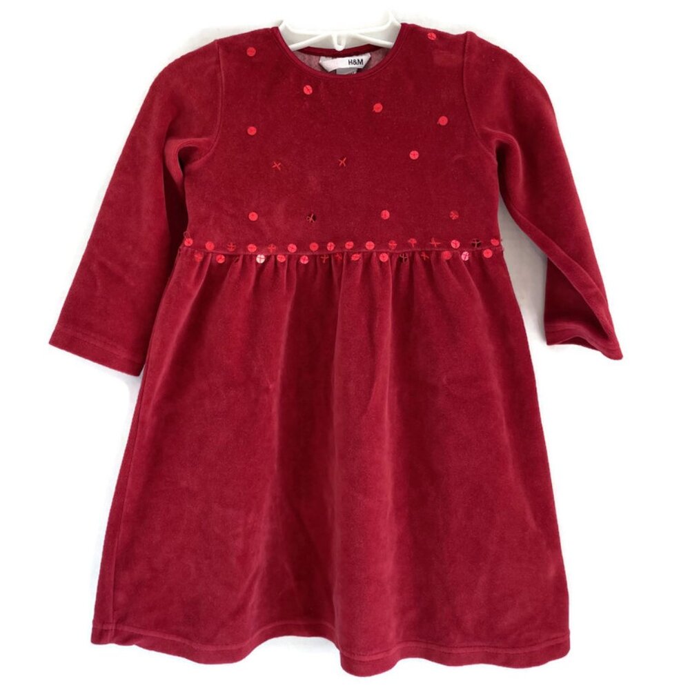 H&M Girls Long Sleeve Slip On Dress of Brick Red Velvet Size 3-4Y